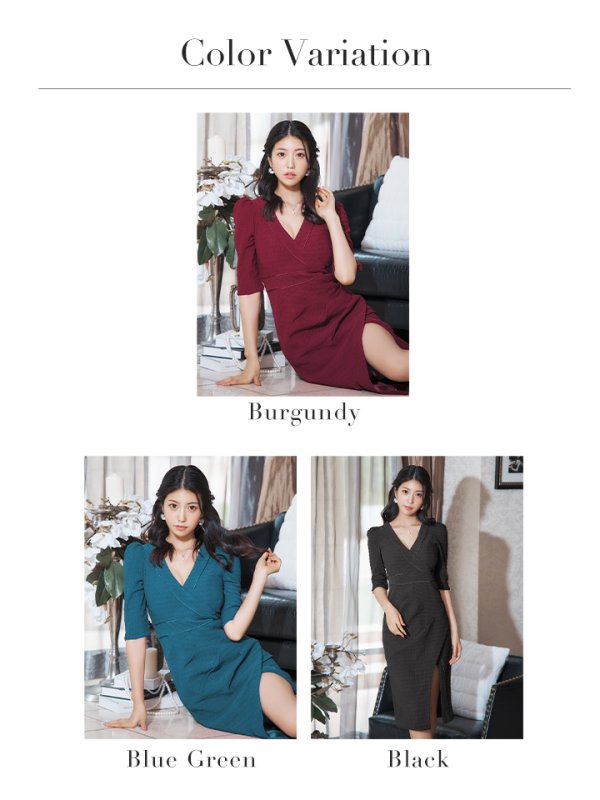 画像21: Lサイズあり【JEAN MACLEAN/ジャンマクレーン】カシュクール/ 半袖/ 袖あり/ タック/ 膝丈/ タイト/ ミディアムドレス/ キャバドレス【HC02】