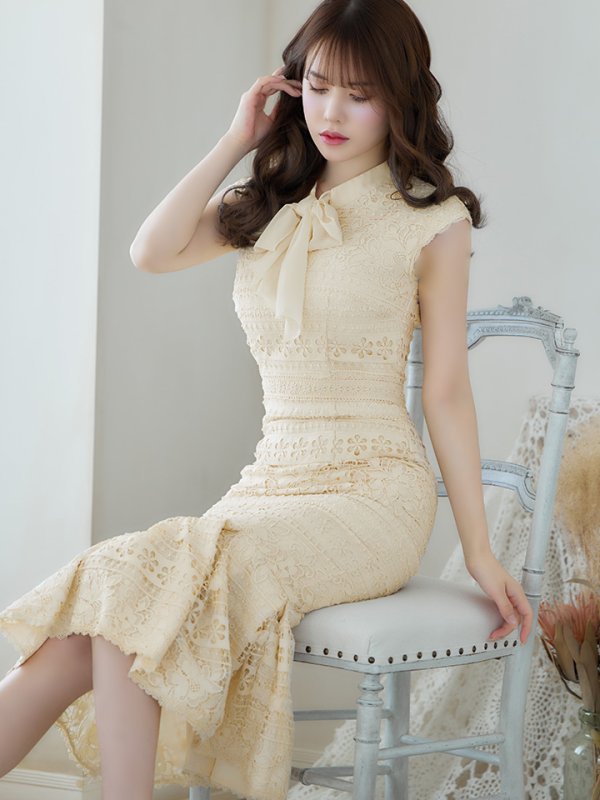 画像4: sugarオリジナルドレス★ Lサイズあり!!【sugar】マーメイド/ リボンネック/ フラワーレース/ ノースリーブ/ ワンピース/ ミモレ丈/ タイト/ ミディアムドレス/ キャバドレス[OF08]