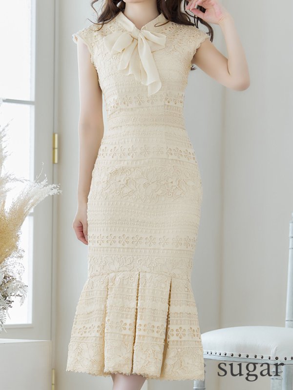 画像8: sugarオリジナルドレス★ Lサイズあり!!【sugar】マーメイド/ リボンネック/ フラワーレース/ ノースリーブ/ ワンピース/ ミモレ丈/ タイト/ ミディアムドレス/ キャバドレス[OF08]