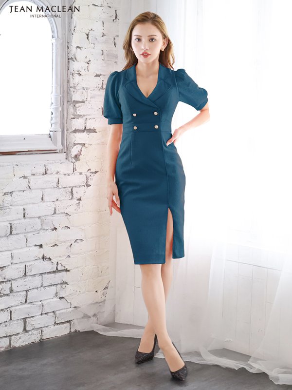 画像4: Lサイズあり【JEAN MACLEAN/ジャンマクレーン】襟付き/ 半袖/ パフスリーブ/ ボタン/ ワンカラー/ スリット/ タイト/ ひざ丈/ ミディアムドレス/キャバドレス【HC02】