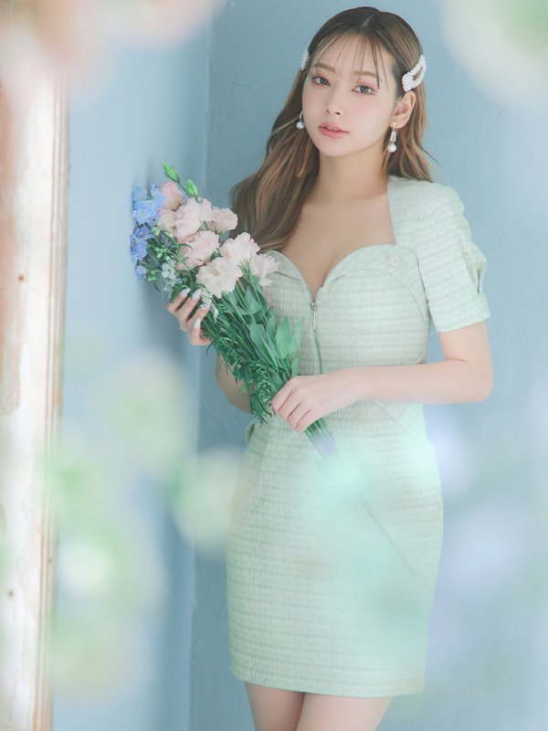 画像10: sugarオリジナルカラー・XSサイズあり【IRMA/イルマ】ツイード/ フロントジップ/ 半袖/ 袖あり/ ボタン/ タイト/ ミニドレス/ キャバドレス【HC02】