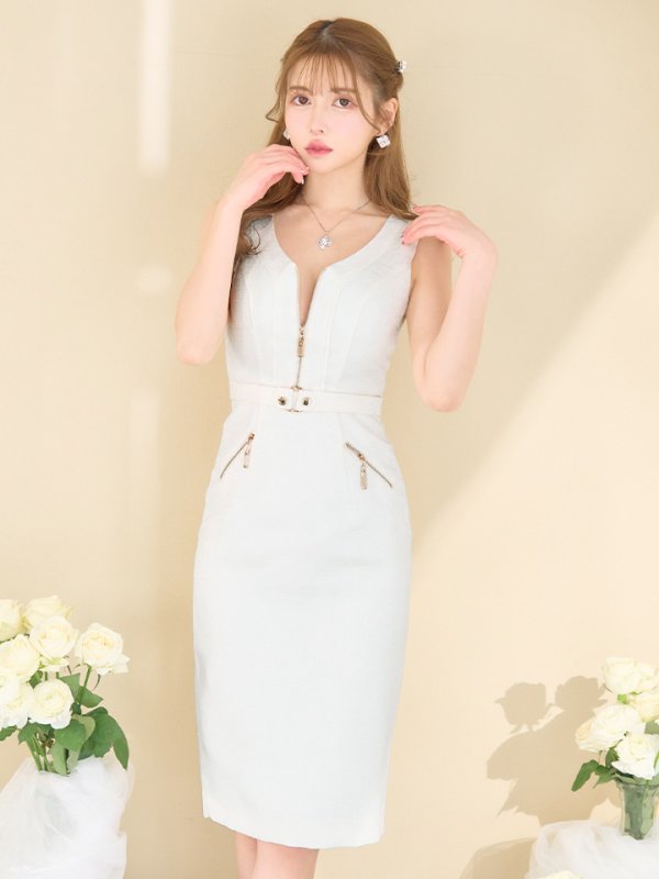 画像4: Lサイズあり【JEAN MACLEAN/ジャンマクレーン】ツイード/ フロントジップ/ ノースリーブ/ ポケット/ タイト/ ひざ丈/ ミディアムドレス/ キャバドレス【HC02】