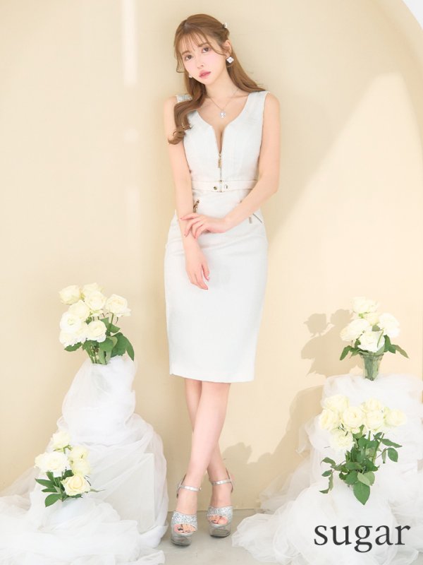 画像7: Lサイズあり【JEAN MACLEAN/ジャンマクレーン】ツイード/ フロントジップ/ ノースリーブ/ ポケット/ タイト/ ひざ丈/ ミディアムドレス/ キャバドレス【HC02】