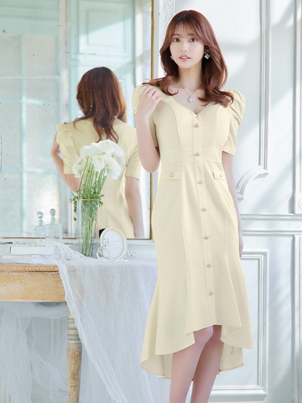 画像4: sugarオリジナルカラー・Lサイズあり【JEAN MACLEAN/ジャンマクレーン】シンプル/ ワンカラー/ マーメイド/ パフスリーブ/ 半袖/ 袖あり/ 膝丈/ ミディアムドレス/ キャバドレス【HC02】