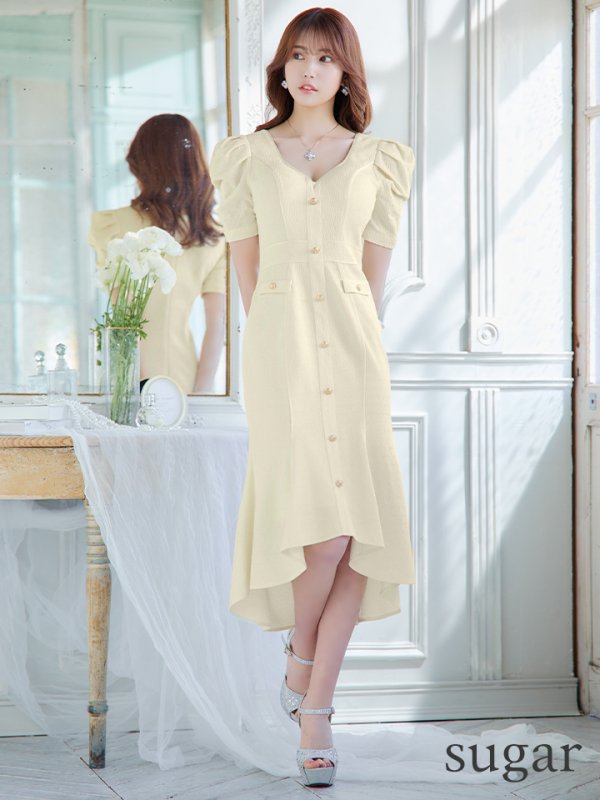 画像7: sugarオリジナルカラー・Lサイズあり【JEAN MACLEAN/ジャンマクレーン】シンプル/ ワンカラー/ マーメイド/ パフスリーブ/ 半袖/ 袖あり/ 膝丈/ ミディアムドレス/ キャバドレス【HC02】