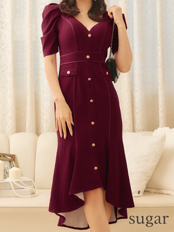 画像19: sugarオリジナルカラー・Lサイズあり【JEAN MACLEAN/ジャンマクレーン】シンプル/ ワンカラー/ マーメイド/ パフスリーブ/ 半袖/ 袖あり/ 膝丈/ ミディアムドレス/ キャバドレス【HC02】