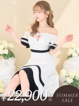 【サマーセール開催中！! 】再入荷！【JEAN MACLEAN/ジャンマクレーン】オフショル/ バイカラー/ 半袖/ 袖あり/ 裾フリル/ ひざ丈/ マーメイド/ ミディアムドレス/ キャバドレス[HC02]