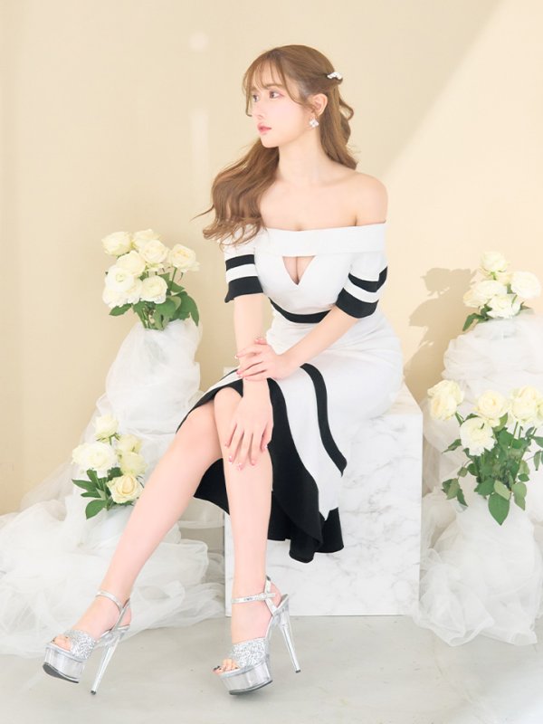 画像12: Lサイズあり【JEAN MACLEAN/ジャンマクレーン】オフショル/ バイカラー/ 半袖/ 袖あり/ 裾フリル/ ひざ丈/ マーメイド/ ミディアムドレス/ キャバドレス[OF2A]