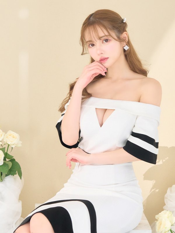 画像14: Lサイズあり【JEAN MACLEAN/ジャンマクレーン】オフショル/ バイカラー/ 半袖/ 袖あり/ 裾フリル/ ひざ丈/ マーメイド/ ミディアムドレス/ キャバドレス[OF2A]