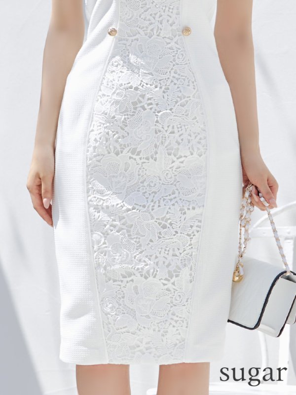 画像11: Lサイズあり【JEAN MACLEAN/ジャンマクレーン】レース/ 半袖/ 袖あり/ パフスリーブ/ ボタン/ ワンカラー/ タイト/ 膝丈/ ミディアムドレス/ キャバドレス[OF2A]