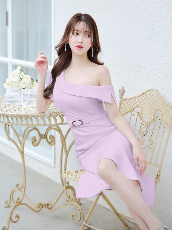 画像17: sugarオリジナルカラー・Lサイズあり【JEAN MACLEAN/ジャンマクレーン】ワンショルダー/ ベルト/ マーメイド/ シンプル/ ワンカラー/ 膝丈/ ミディアムドレス/ キャバドレス[OF2A]