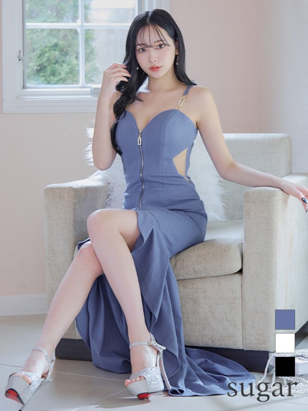 画像1: 【IRMA/イルマ】フロントジップ/ ストレッチ/ キャミソール/ フリル/ テールカット/ ロングドレス/ キャバドレス long[OF2A]