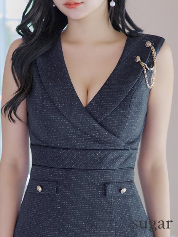 画像10: Lサイズあり【JEAN MACLEAN/ジャンマクレーン】襟付きデザイン/ ワンカラー/ ノースリーブ/ チェーン/ ひざ丈/ タイト/ ミディアムドレス/ キャバドレス[HC02]