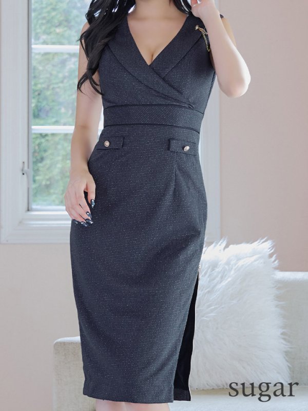 画像8: Lサイズあり【JEAN MACLEAN/ジャンマクレーン】襟付きデザイン/ ワンカラー/ ノースリーブ/ チェーン/ ひざ丈/ タイト/ ミディアムドレス/ キャバドレス[HC02]