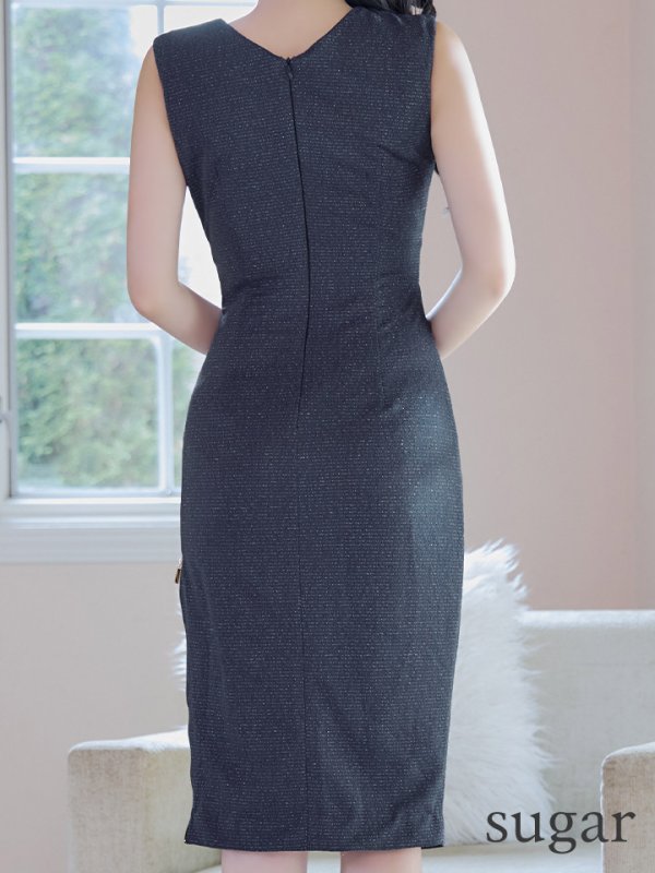 画像9: Lサイズあり【JEAN MACLEAN/ジャンマクレーン】襟付きデザイン/ ワンカラー/ ノースリーブ/ チェーン/ ひざ丈/ タイト/ ミディアムドレス/ キャバドレス[HC02]