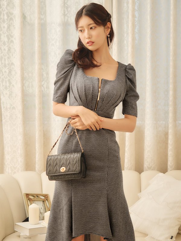 画像9: Lサイズあり【JEAN MACLEAN/ジャンマクレーン】バストジッパー/ スクエアネック/ パフスリーブ/ 袖あり/ 膝丈/ マーメイド/ ミディアムドレス/ キャバドレス[OF2A]