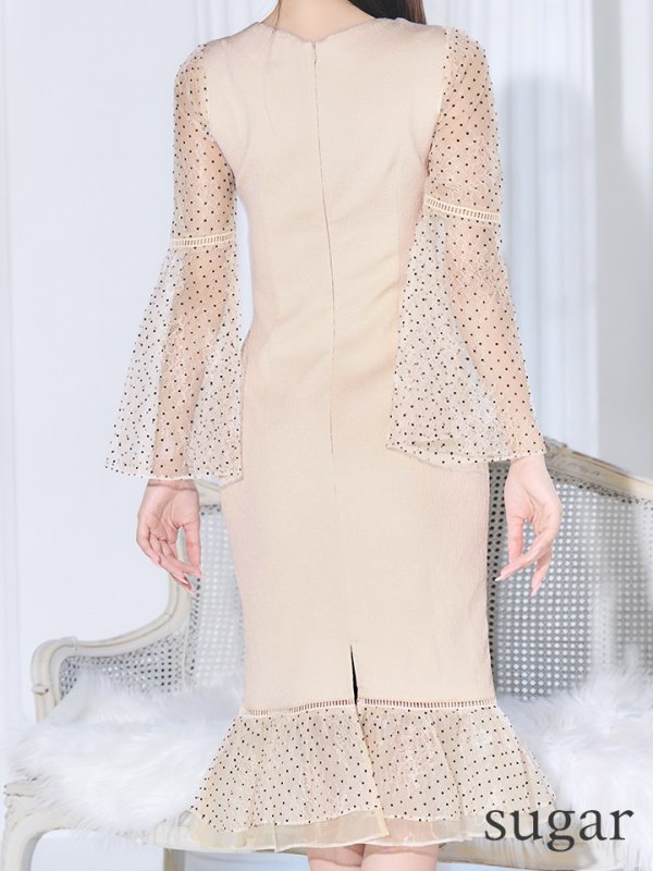 画像9: Lサイズあり【JEAN MACLEAN/ジャンマクレーン】フリル/ ドット/ シアー/ レース/ 袖あり/ 長袖/ マーメイド/ ひざ丈/ ミディアムドレス/ キャバドレス[OF2A]