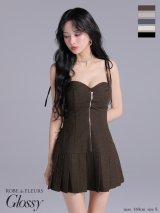 【予約商品/9月中旬発送予定】XSサイズあり【Glossy/グロッシー】肩リボン/ バストジップ/ フレア/ ミニドレス/ キャバドレス[OF08]