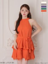 【予約商品/5月上旬発送予定】XSサイズあり【ROBE de FLEURS/ローブドフルール】ホルター/ リボン/ レースプリーツ/ ラメシフォン/ ティアード/ 2段フリル/ フレア/ ミニドレス/ キャバドレス[OF08]