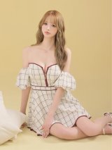 【予約商品/7月下旬発送予定】XSサイズあり【ROBE de FLEURS/ローブドフルール】2way/ オフショル/ バストジッパー/ ベア/ チェック柄/ フレア/ ミニドレス/ キャバドレス[OF08]