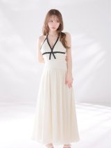 【予約商品/8月上旬発送予定】XSサイズあり【DEA./ディア】バイカラー/ ラメ/ オーガンジー/ フレア/ リボン/ ミディアムドレス/ キャバドレス long[OF08]