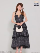 【予約商品/6月下旬発送予定】Lサイズあり【ROBE de FLEURS/ローブドフルール】ドット/ ティアード/ バックリボン/ バストジップ/ ホルターネック/ ロングドレス/ キャバドレスlong[OF08]