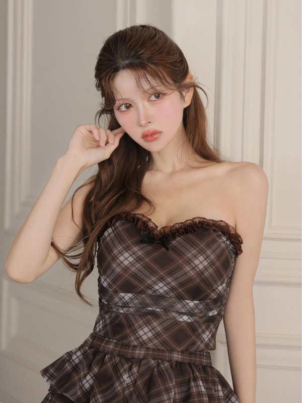 画像16: 【予約商品/10月上旬発送予定】XSサイズあり【ROBE de FLEURS/ローブドフルール】チェック/ ベアトップ/ フリル/ ティアード/ フレア/ セットアップ/ ミニドレス/ キャバドレス[OF08]
