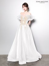 【JEAN MACLEAN/ジャンマクレーン】ボリュームフリルスリーブ/ オフショル/ シアー/ フラワー刺繍/ チュール/ フレア/ Aライン/ プリンセス/ ロングドレス/ キャバドレス long[OF2A]