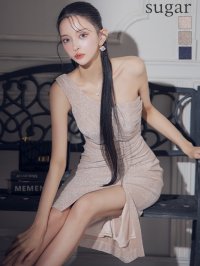 Lサイズあり【JEAN MACLEAN/ジャンマクレーン】ワンショルダー/ ラメニット/ タック/ ひざ丈/ タイト/ ミディアムドレス/ キャバドレス[OF2A]