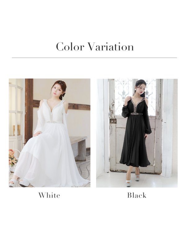 画像14: Lサイズあり【JEAN MACLEAN/ジャンマクレーン】シフォン/ オフショル/ 長袖/ 袖あり/ ビジュー/ ミモレ丈/ フレア/ ミディアムドレス/ キャバドレス[OF2A]