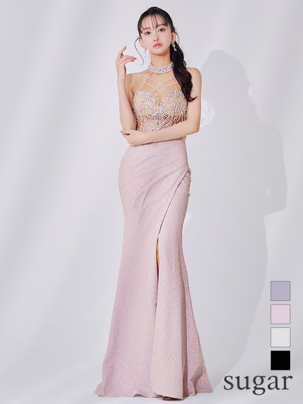 画像1: 【IRMA/イルマ】ビジュー/ シースルー/ ホルターネック/ ラメニット/ ストレッチ/ ロングドレス/ キャバドレス long[OF2A]