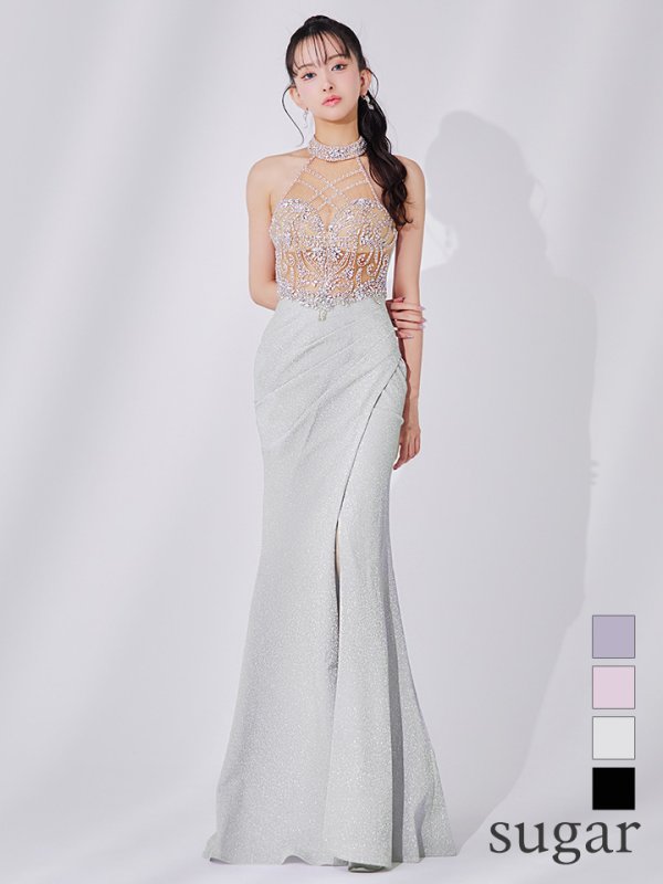 画像1: 【IRMA/イルマ】ビジュー/ シースルー/ ホルターネック/ ラメニット/ ストレッチ/ ロングドレス/ キャバドレス long[OF2A]