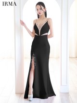 【IRMA/イルマ】キャミソール/ シースルー/ ビジュー/ スリット/ ストレッチ/ ロングドレス/ キャバドレス long[OF2A]