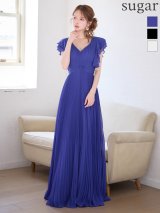 【JEAN MACLEAN/ジャンマクレーン】シフォン/ Vネック/ 袖あり/ フリルショルダー/ Aライン/ フレア/ プリーツ/ ロングドレス/ キャバドレス long[OF2A]