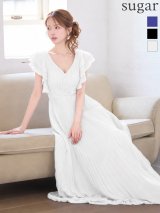 【JEAN MACLEAN/ジャンマクレーン】シフォン/ Vネック/ 袖あり/ フリルショルダー/ Aライン/ フレア/ プリーツ/ ロングドレス/ キャバドレス long[OF2A]