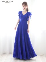 【JEAN MACLEAN/ジャンマクレーン】シフォン/ Vネック/ 袖あり/ フリルショルダー/ Aライン/ フレア/ プリーツ/ ロングドレス/ キャバドレス long[OF2A]