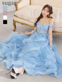 【JEAN MACLEAN/ジャンマクレーン】立体フラワー/ シアー/ オフショル/ フリル/ チュール/ フレア/ プリンセス/ ロングドレス/ キャバドレス long[OF2A]