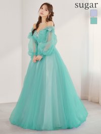 Lサイズあり【JEAN MACLEAN/ジャンマクレーン】2way/ 長袖/ パフスリーブ/ シアー/ レース/ ビーズ刺繍/ スパンコール/ フレア/ プリンセス/ ロングドレス/ キャバドレス long[OF2A]