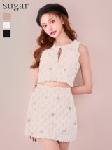 XSサイズあり【IRMA/イルマ】フクレニット/ フリンジ/ バストジップ/ ノースリーブ/ 台形スカート/ フレア/ セットアップ/ ミニドレス/ キャバドレス[OF2A]