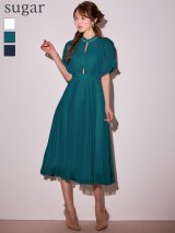 Lサイズあり【JEAN MACLEAN/ジャンマクレーン】ネックビジュー/ ハーフスリーブ/ シフォン/ カットアウト/ プチハイネック/ プリーツ/ フレア/ ミディアムドレス/ キャバドレス[OF2A]