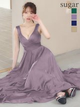 【予約商品/10月下旬発送予定】【JEAN MACLEAN/ジャンマクレーン】サテン/ ワンカラー/ Vネック/ バストタック/ ノースリーブ/ フレア/ ロングドレス/ キャバドレスlong[OF2A]