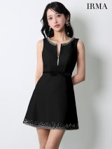 【予約商品/11月下旬発送予定】XSサイズあり【IRMA/イルマ】ビーズ刺繍/ リボンベルト/ ノースリーブ/ Aライン/ フレア/ ワンピース/ ミニドレス/ キャバドレス[OF2A]