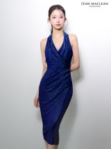 Lサイズあり【JEAN MACLEAN/ジャンマクレーン】ホルターネック/ ラメニット/ タック/ ひざ丈/ ストレッチ/ タイト/ ミディアムドレス/ キャバドレス[OF2A]