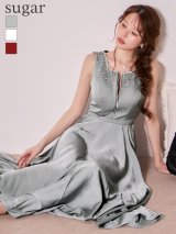 【予約商品/11月下旬発送予定】【JEAN MACLEAN/ジャンマクレーン】サテン/ ネックビジュー/ バストジップ/ ノースリーブ/ フレア/ ロングドレス/ キャバドレスlong[OF2A]