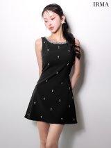 XSサイズあり【IRMA/イルマ】ネックビジュー/ ラインストーン/ ノースリーブ/ ワンカラー/シンプル/ フレア/ ミニドレス/ キャバドレス[OF2A]