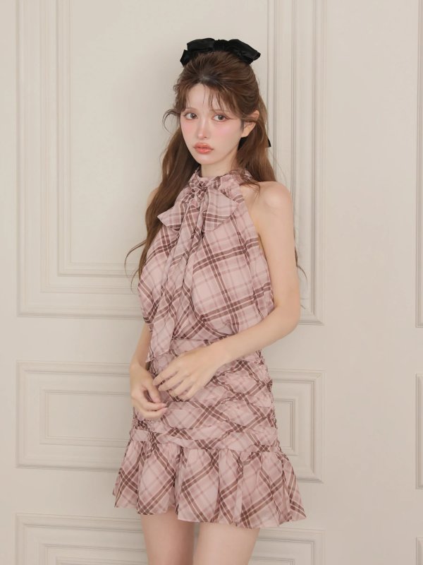 画像8: 【予約商品/9月中旬発送予定】XSサイズあり【ROBE de FLEURS/ローブドフルール】チェック柄/ シフォン/ サテン/ アメスリ/ フリル/ フレア/ セットアップ/ ミニドレス/ キャバドレス[OF08]