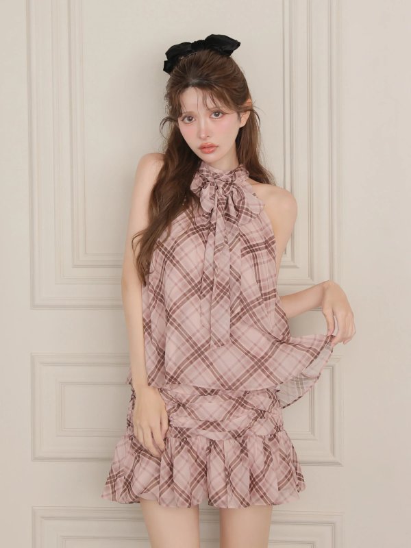 画像10: 【予約商品/9月中旬発送予定】XSサイズあり【ROBE de FLEURS/ローブドフルール】チェック柄/ シフォン/ サテン/ アメスリ/ フリル/ フレア/ セットアップ/ ミニドレス/ キャバドレス[OF08]