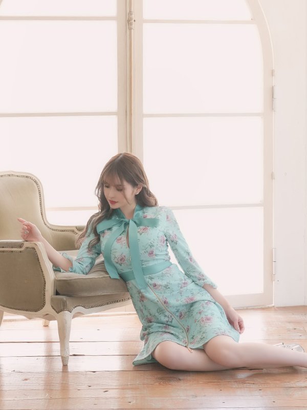 画像5: XLサイズあり【Alice/アリス】フラワープリント/ フロントジップ/ Aライン/ 七分袖/ ワンピース/ミディアム丈/ミニドレス/ キャバドレス【HC03】