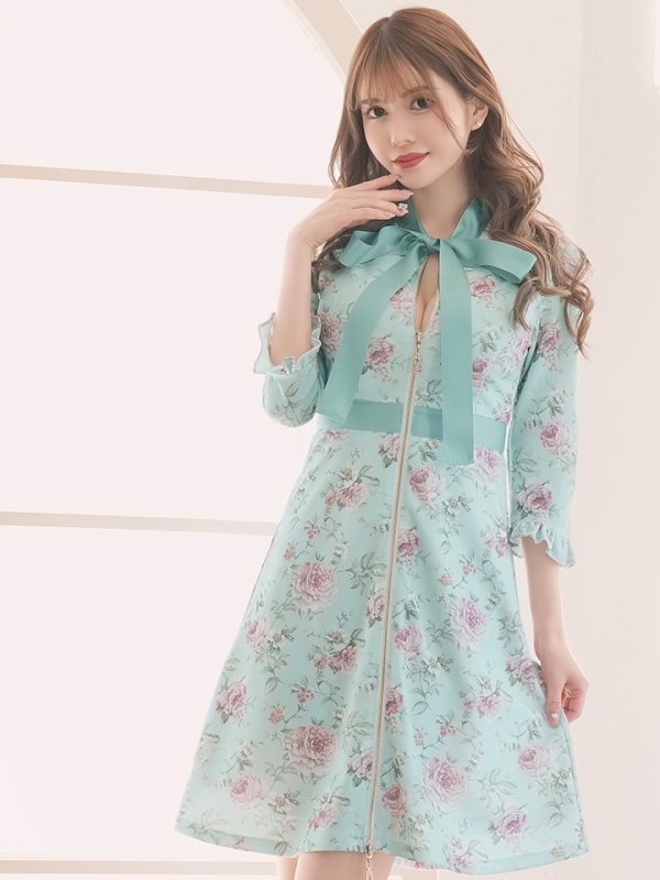 画像6: XLサイズあり【Alice/アリス】フラワープリント/ フロントジップ/ Aライン/ 七分袖/ ワンピース/ミディアム丈/ミニドレス/ キャバドレス【HC03】