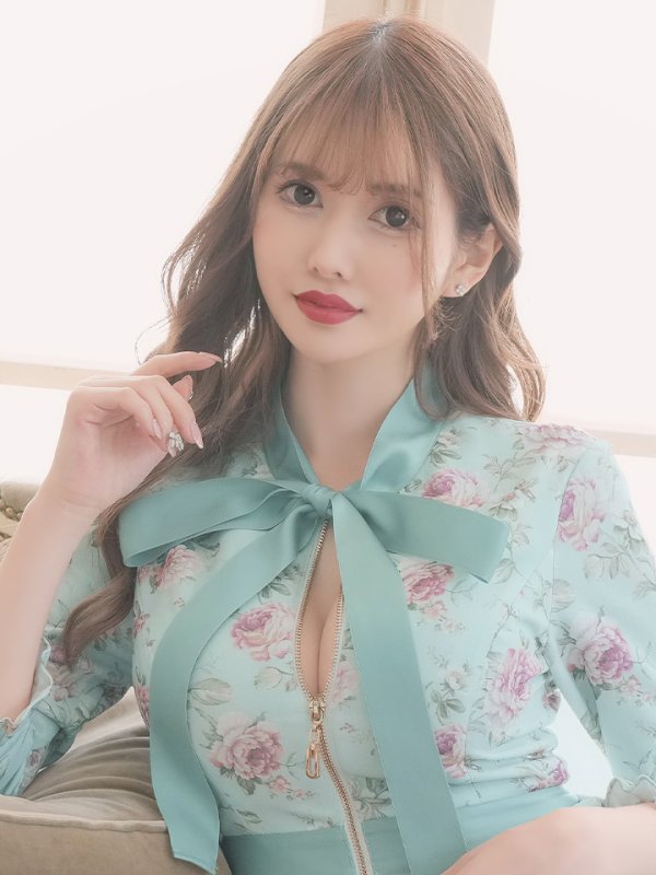 画像7: XLサイズあり【Alice/アリス】フラワープリント/ フロントジップ/ Aライン/ 七分袖/ ワンピース/ミディアム丈/ミニドレス/ キャバドレス【HC03】